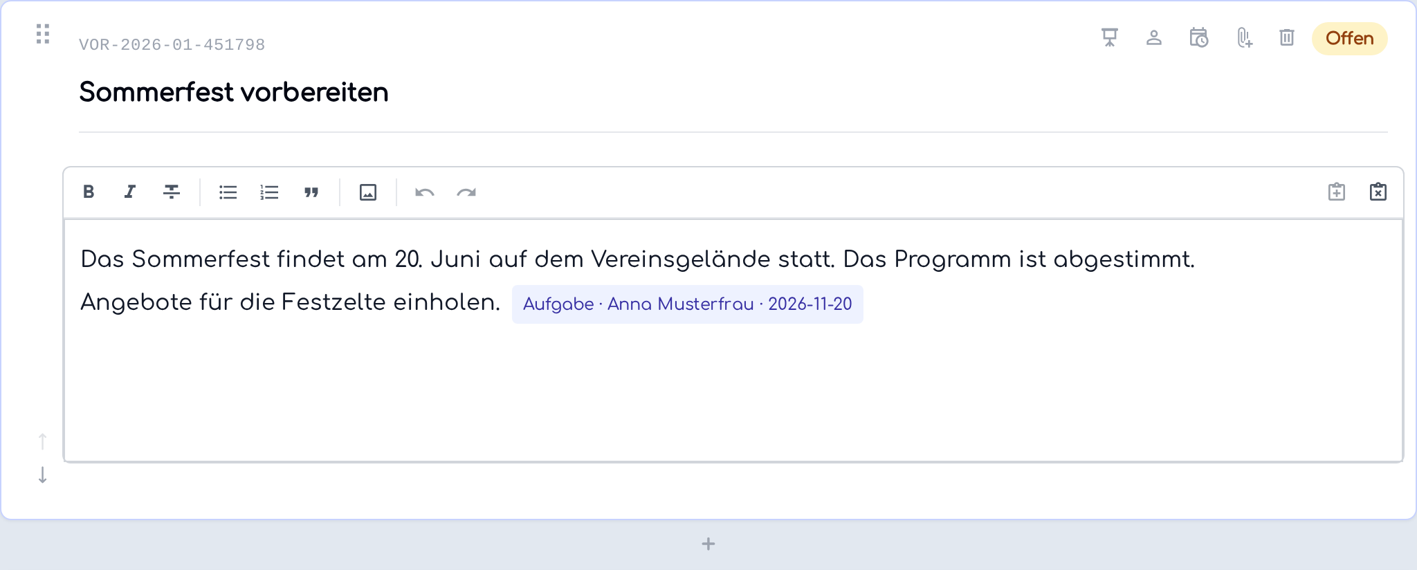 Demo-Protokoll mit einer als Aufgabe markierten Handlung und eigener Zuweisung