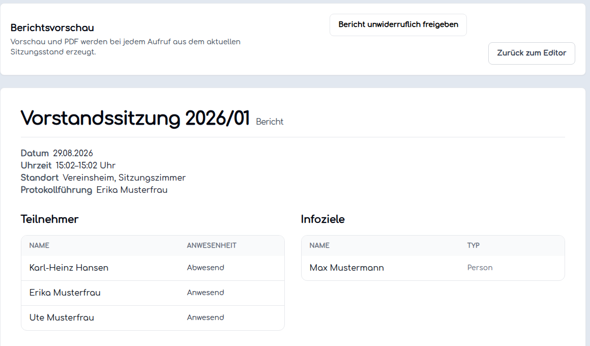 Berichtsvorschau einer Demo-Vorstandssitzung mit Termin, Teilnehmern und der Aktion zur unwiderruflichen Freigabe