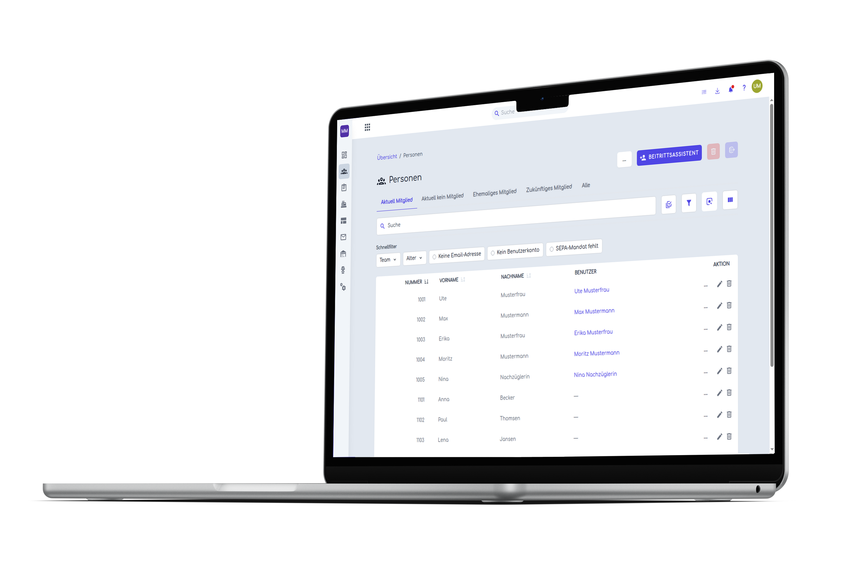 Membergy-Personenübersicht im MacBook-Mockup