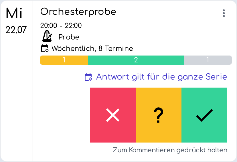 Serien-Termin in der Membergy-App: die Rückmeldung gilt für die ganze Serie, einzelne Termine kann man abweichend beantworten